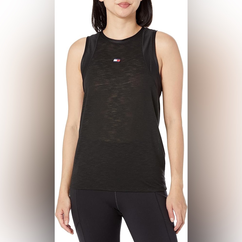 (L:NWT) $39.50|Tommy Hilfiger Sport Mesh-Panel Tie-Back Tank Top, Black